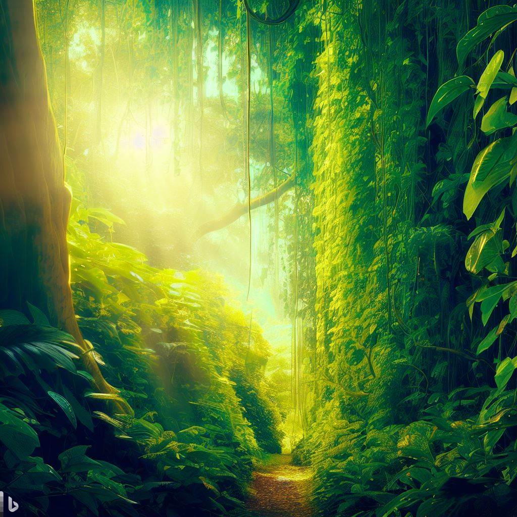 Interior de la selva con vegetación densa, lianas. Se ve frondosa y se ve un brillo al fondo.
